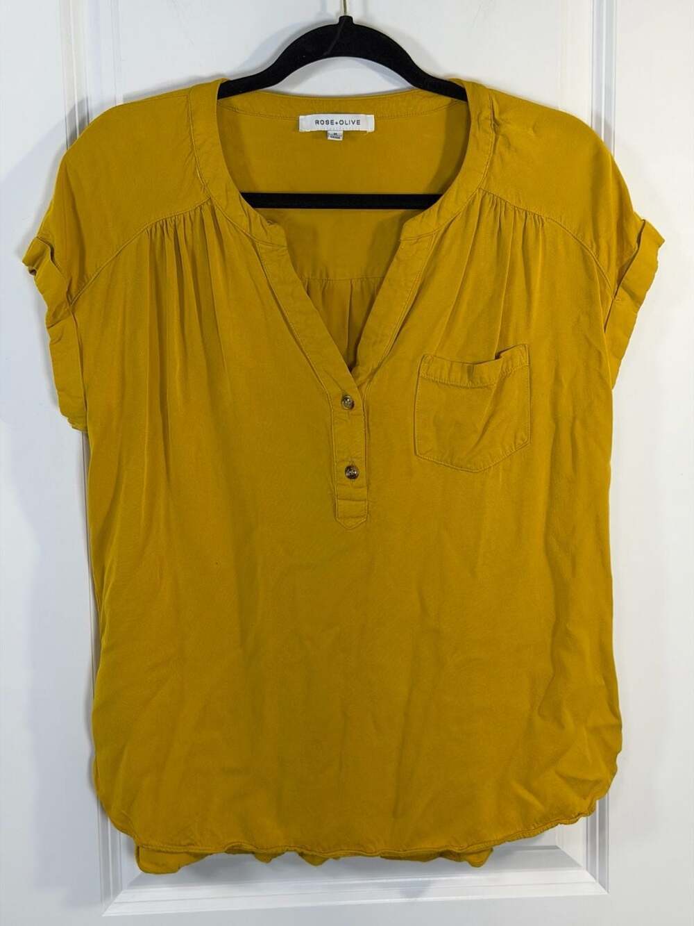 Rose + Olive Mustard Yellow Rayon Henley Short Sleeve Blouse Size M